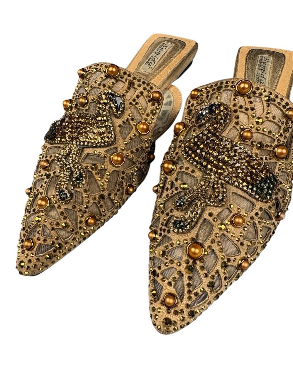 Semida Rhinestone Swan Mules Size 40 Gold Embellished Pointed Toe Shoes - Picture 4 of 5